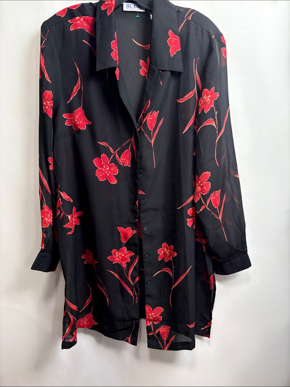 Blair Black Button-Up Blouse with Red Floral Print